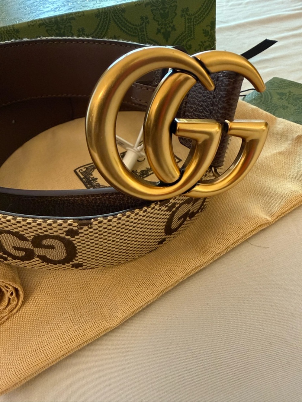 Gucci Beige Brown GG Canvas Belt with Gold Double G Buckle